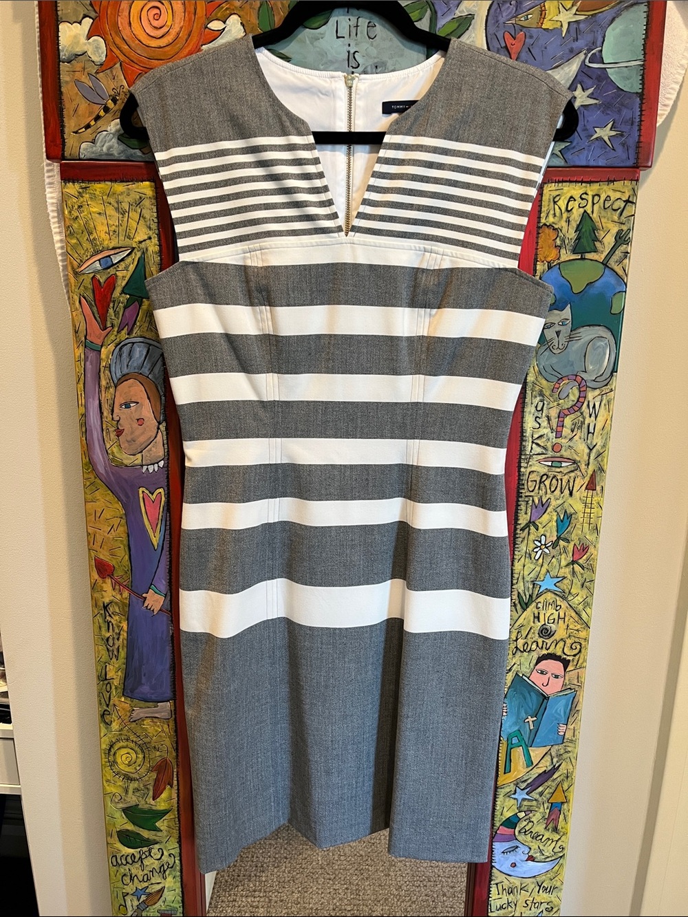 Tommy Hilfiger Gray and Cream Striped Notch-Neck Mini Dress
